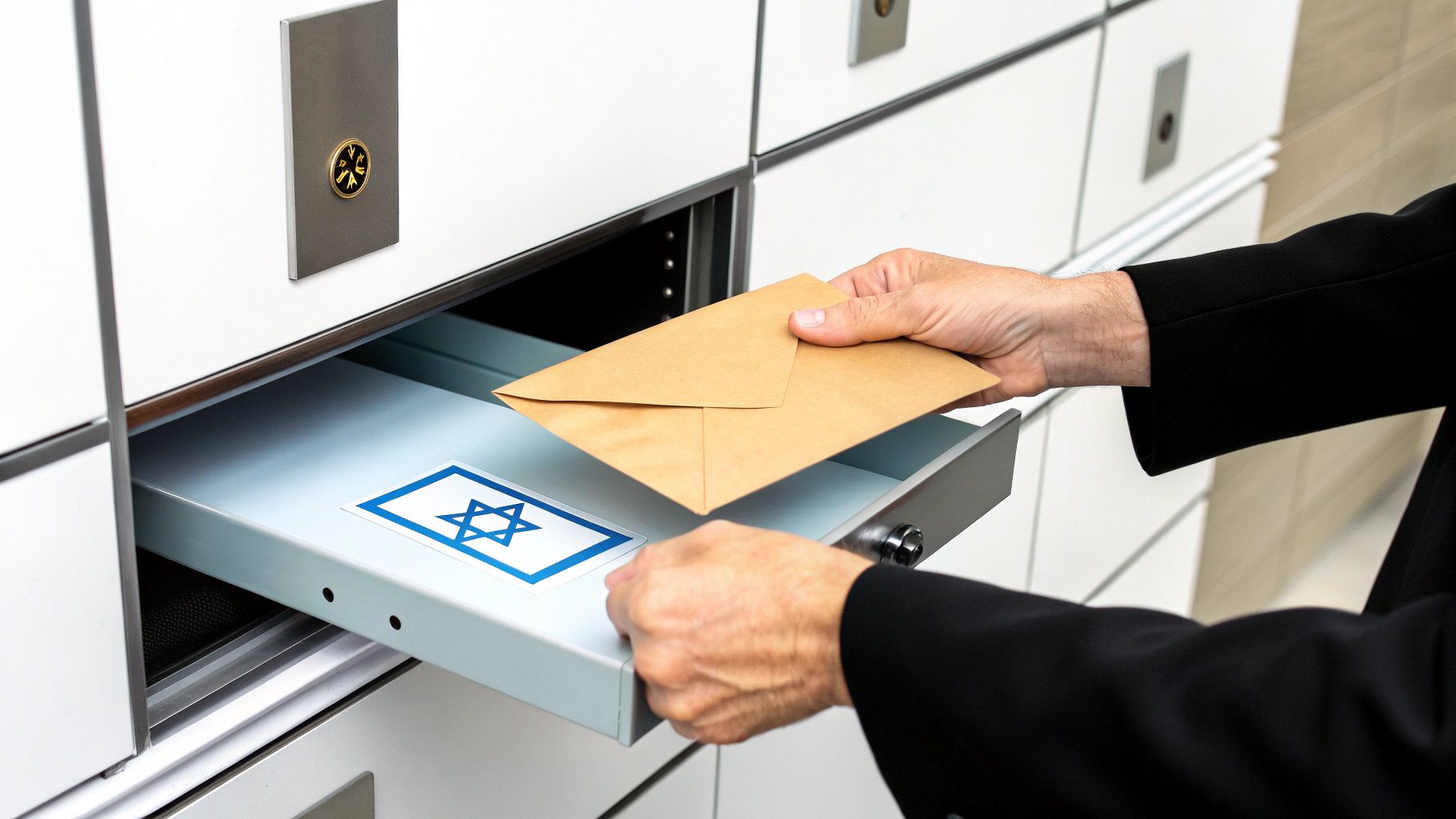 ידיים מכניסות מעטפה חומה לתא דואר עם מדבקת דגל ישראל על המגירה. תהליך הצבעה או משלוח דואר.