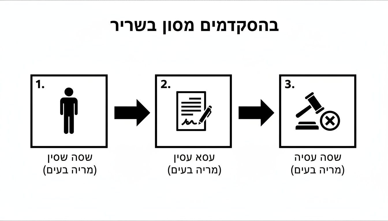 אינפוגרפיקה המציגה תהליך הסכם מחוץ לבית המשפט, הכולל ייצוג, חתימה על הסכם והימנעות מתביעה.