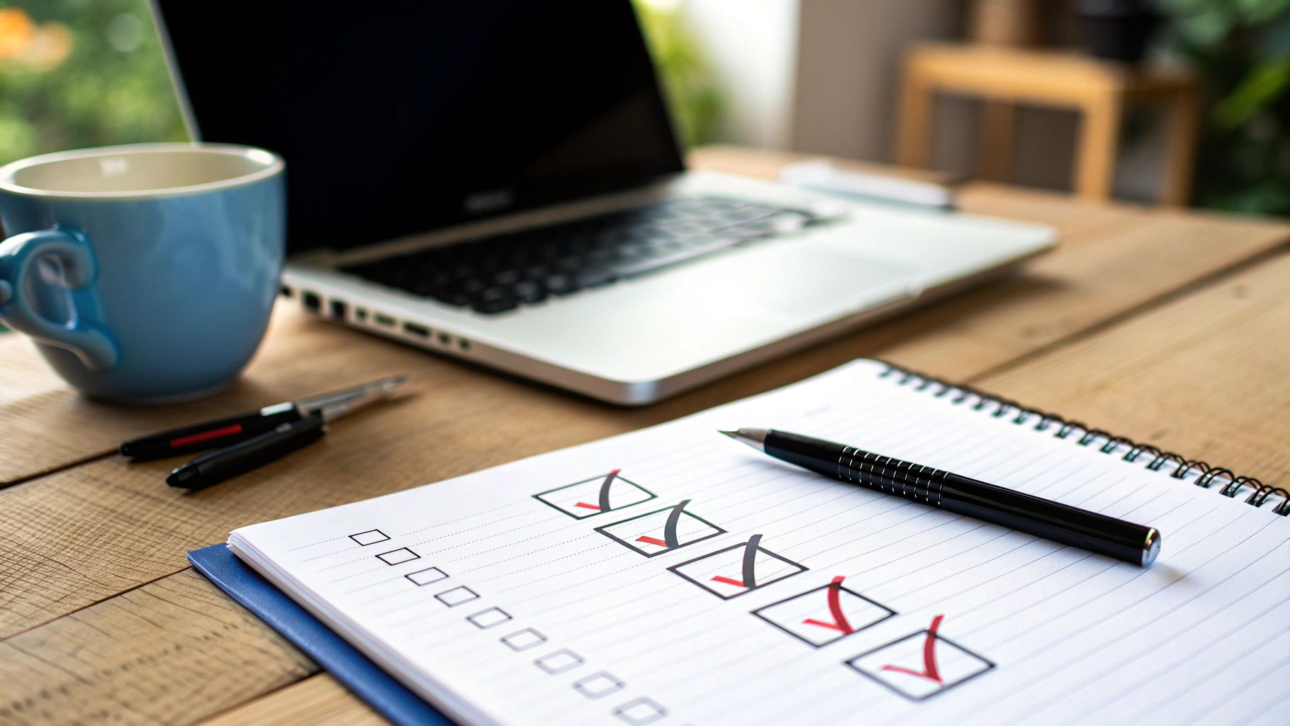 שולחן עץ עם מחברת פתוחה ובה רשימת משימות עם סימוני V אדומים, עט, ספל קפה ומחשב נייד ברקע.