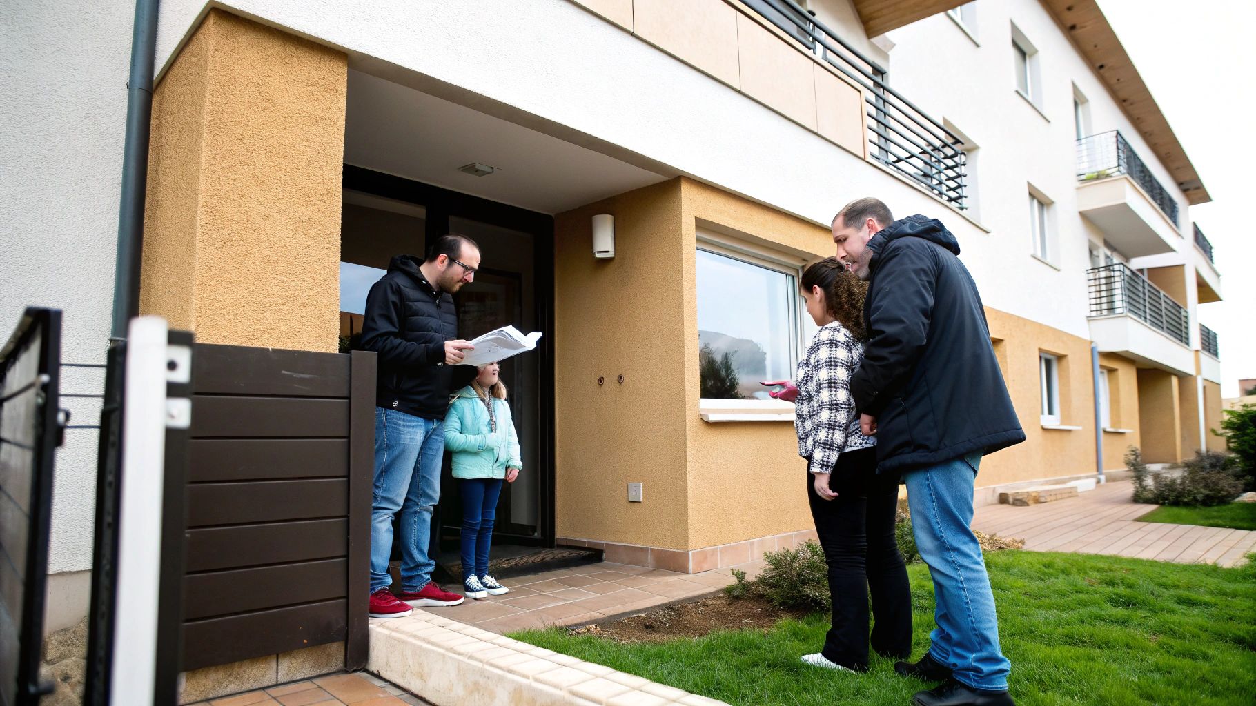 משפחה משוחחת עם איש מקצוע מחוץ לבית מגורים, סוקרת מסמכים הקשורים לנכס.
