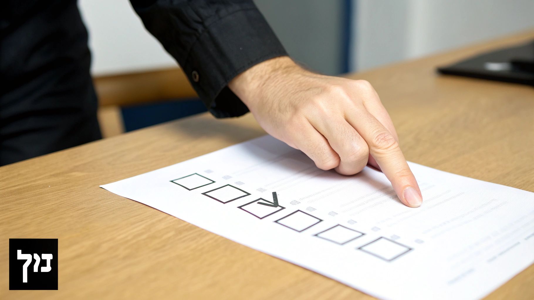 יד מצביעה על טופס עם תיבות סימון על שולחן עץ בהיר, אחת מהן מסומנת בוי.