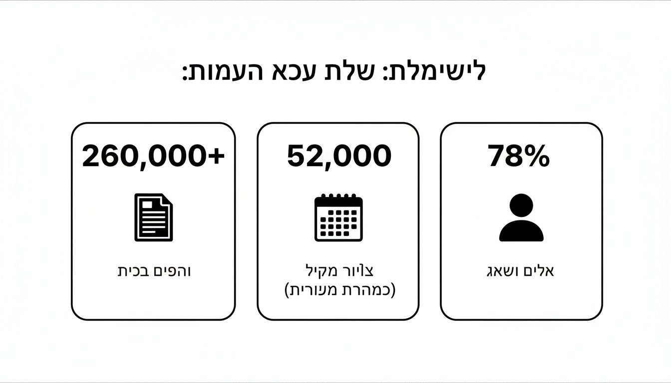 אינפוגרפיקה מציגה נתוני פעילות של עמותה: מעל 260,000 מסמכים, 52,000 אינטראקציות, ו-78% פעילים ושותפים.