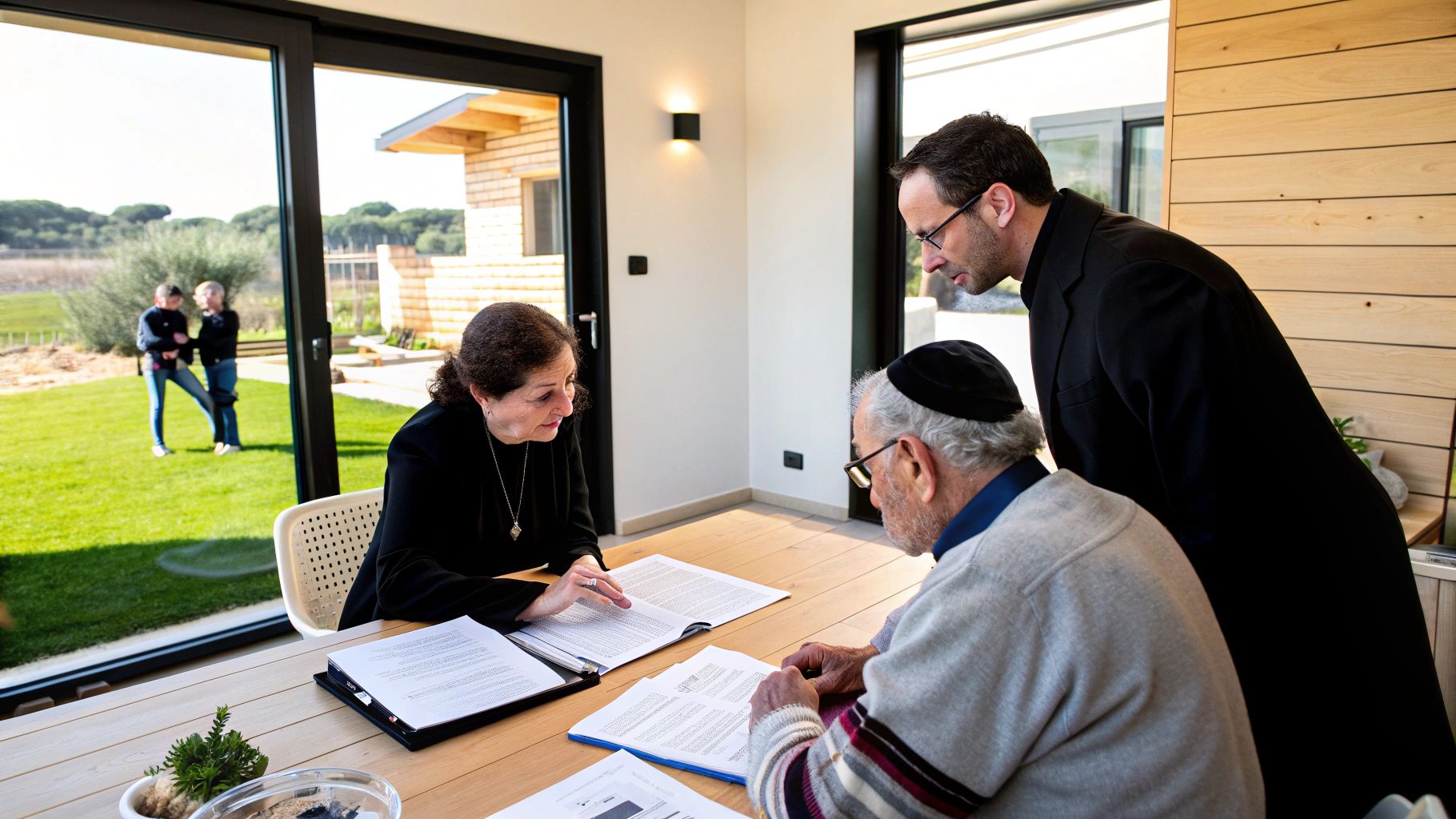 עורך דין וזוג מבוגר, גבר עם כיפה, בוחנים מסמכים משפטיים בחדר מואר עם חלון גדול.