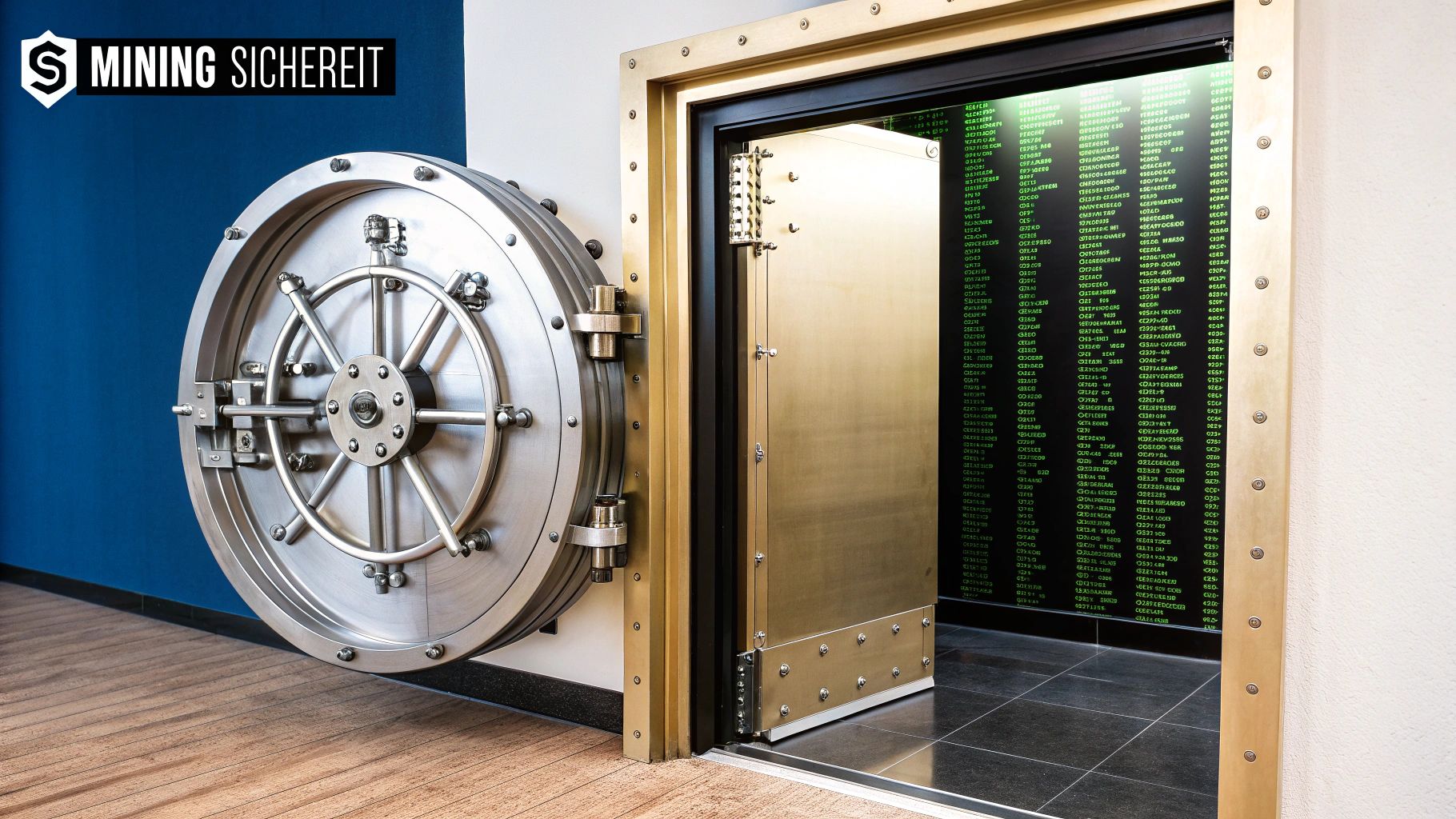 Was ist Bitcoin Mining? Alles Wichtige im Überblick Eine Windkraftanlage im Vordergrund, mit einer schematischen Darstellung von Datenströmen, die in eine ASIC-Farm fließen