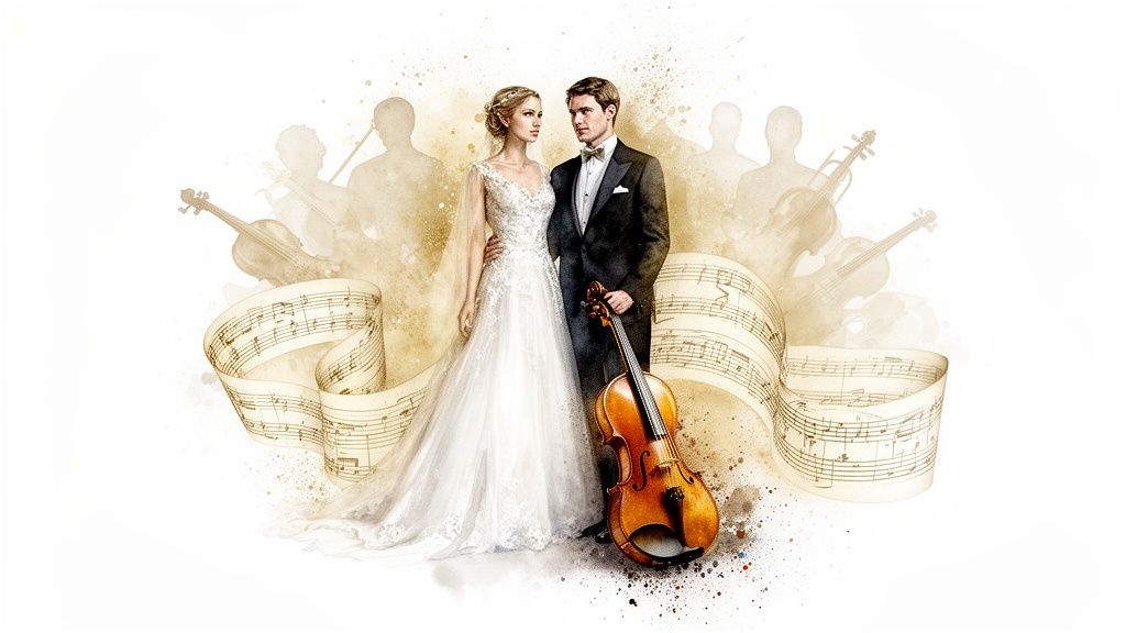 A romantic illustration of a bride and groom with a violin, flowing sheet music, and musical silhouettes.