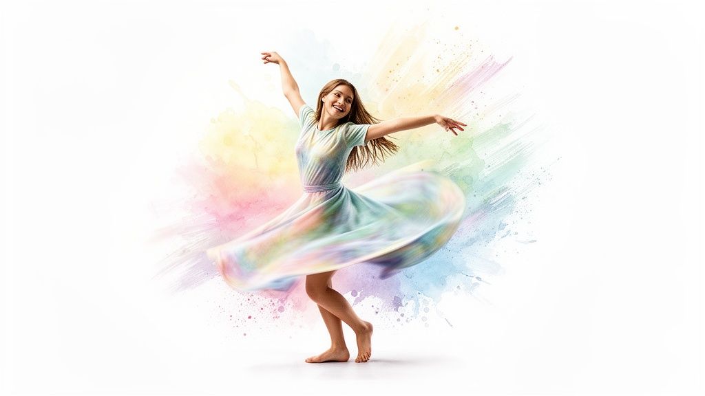A happy young woman with long hair dances barefoot in a colorful tie-dye dress.