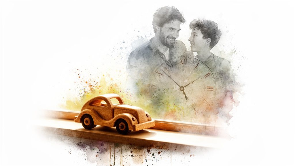 Watercolor illustration of a wooden toy car on a ledge, with a father, son, and clock face.