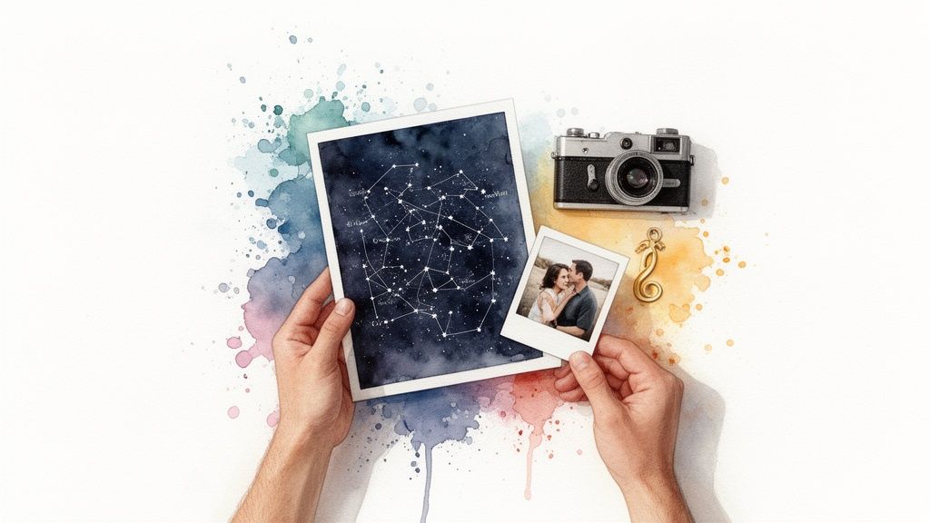 Hands holding a custom star map and a polaroid photo of a loving couple.
