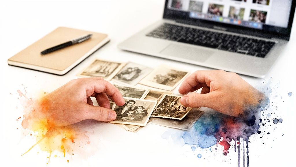 Hands sort vintage photos on a white table, with a laptop and notebook, blending with watercolor art.