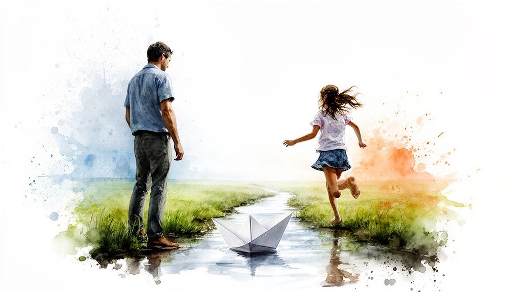 A father watching his daughter joyfully run beside a stream with a floating paper boat.