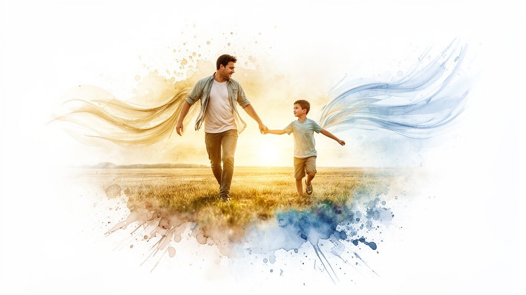Father and son holding hands, walking joyfully in a sun-kissed field with artistic watercolor wings.