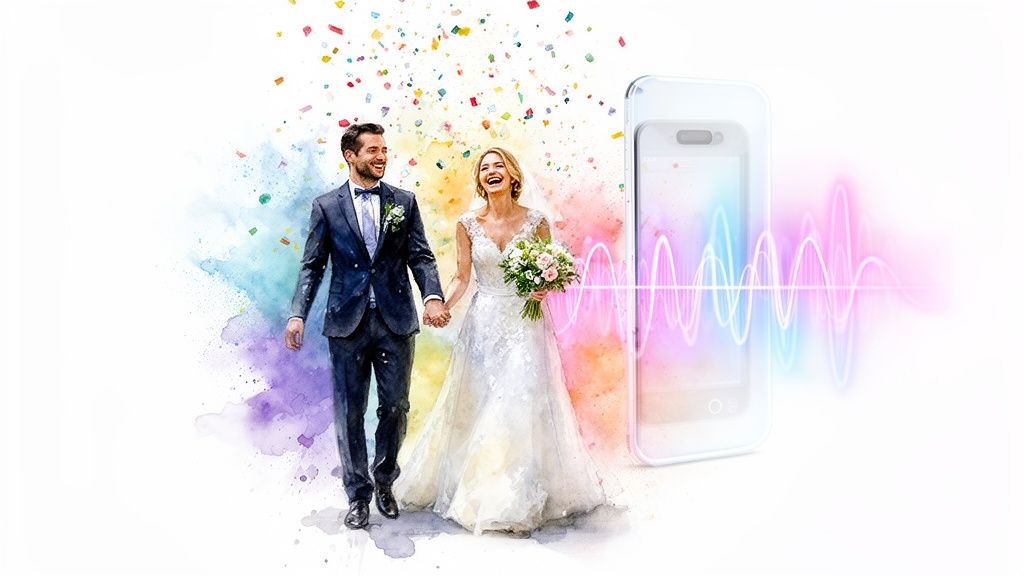 A happy watercolor illustration of a bride and groom holding hands with confetti, vibrant splashes, and an audio waveform from a phone.