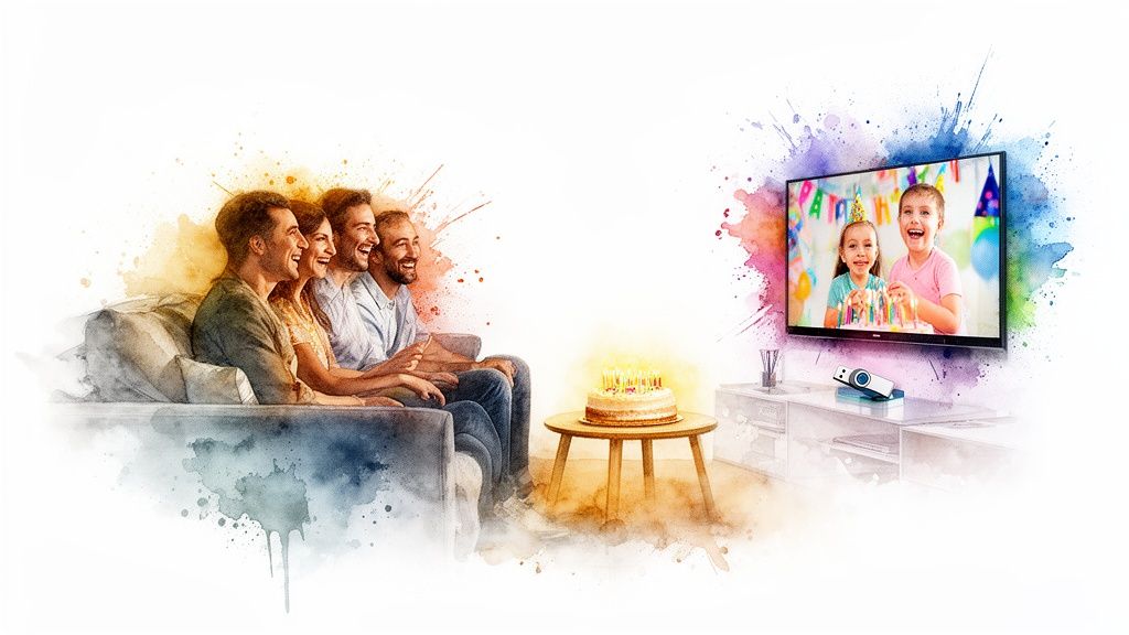 Happy adults watch a birthday video of children on a TV, celebrating with a lit cake.