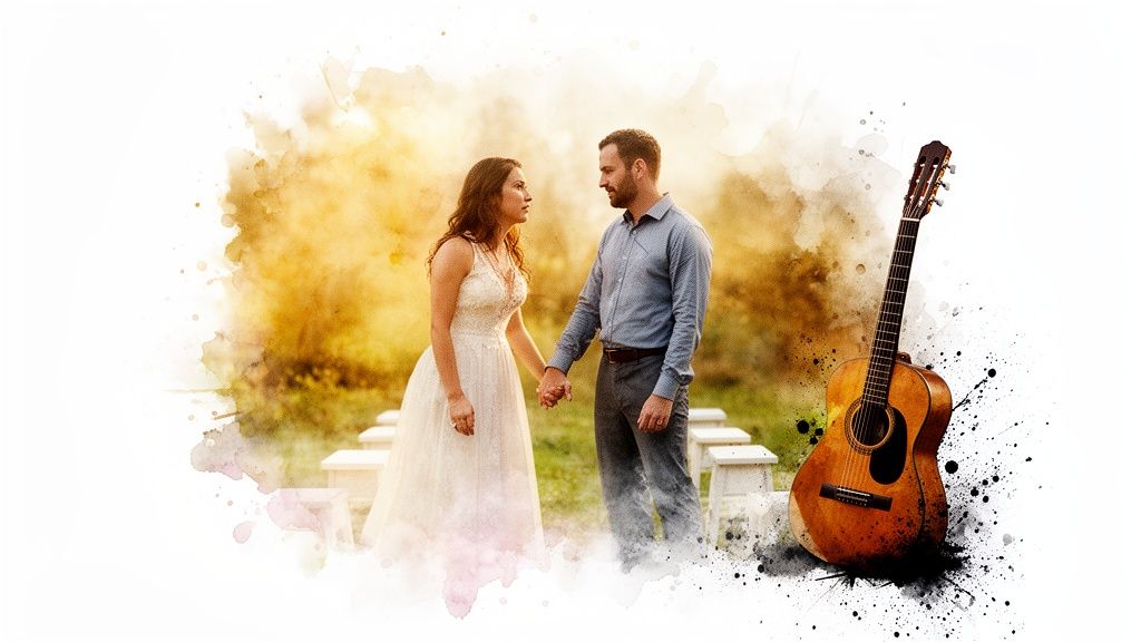 A watercolor illustration of a couple holding hands and an acoustic guitar against a warm, blurry background.