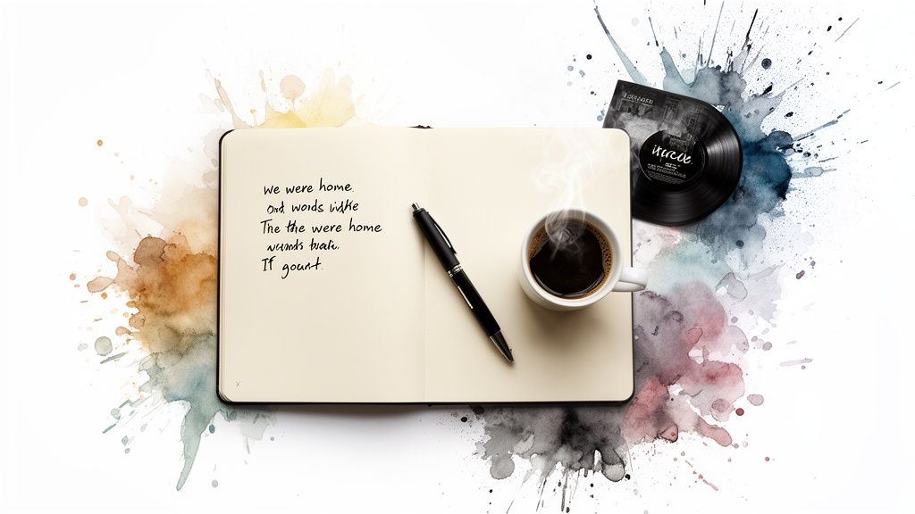 Overhead view of an open notebook with handwritten song lyrics, a pen, a steaming cup of coffee, and a vinyl record, all on a white background with colorful watercolor splashes