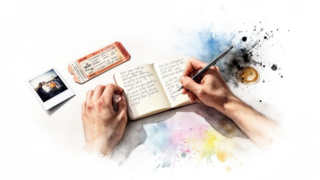 Hands writing in a small notebook, surrounded by a polaroid photo, a vintage ticket, and colorful watercolor splashes.
