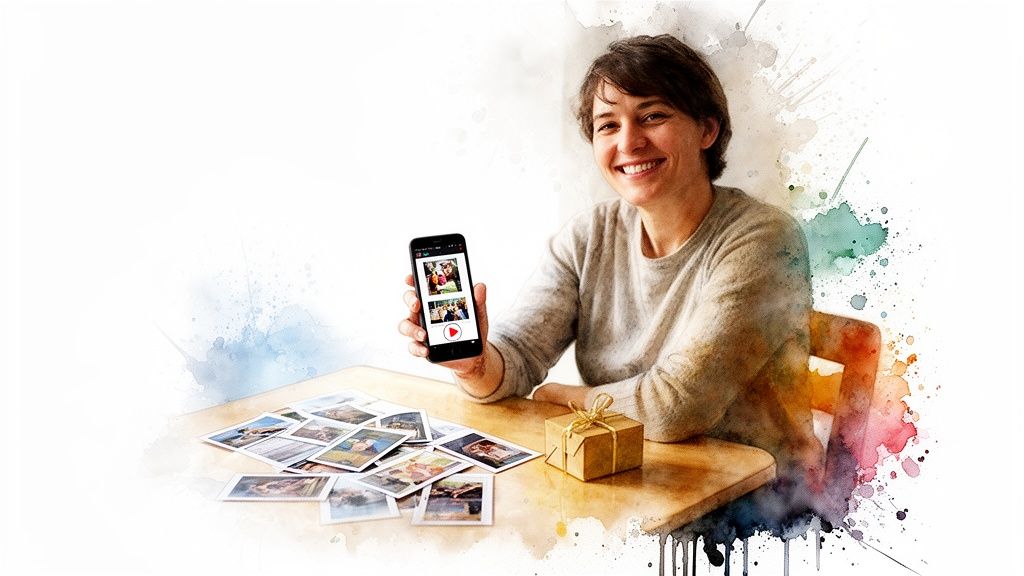 Smiling woman holding a smartphone displaying photos and video, surrounded by printed pictures and a gift.
