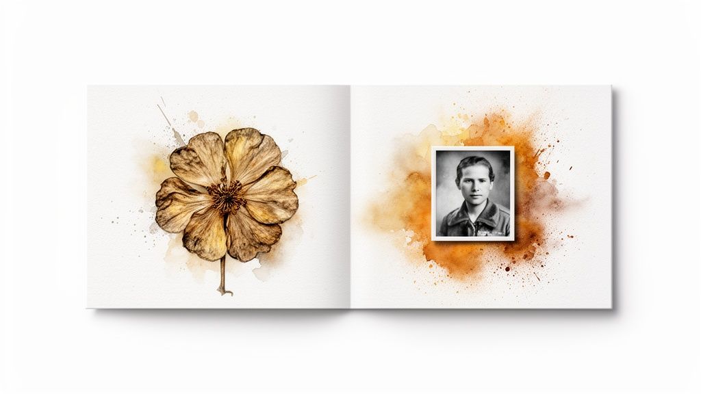 Open book showing a watercolor dried flower and a vintage photo of a young man with warm splatters.