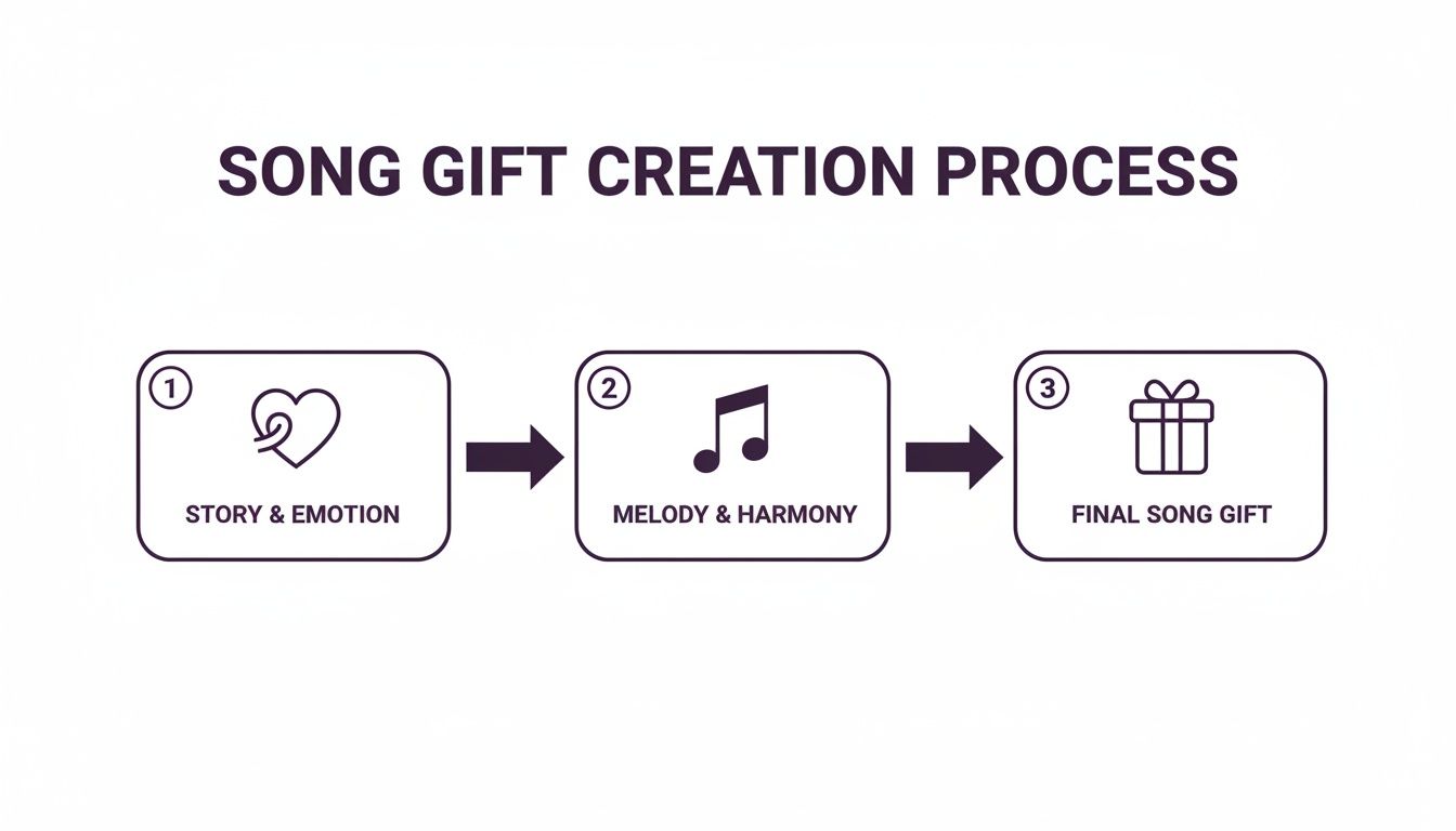 A three-step flowchart illustrates the song gift creation process: Story & Emotion, Melody & Harmony, and Final Song Gift.