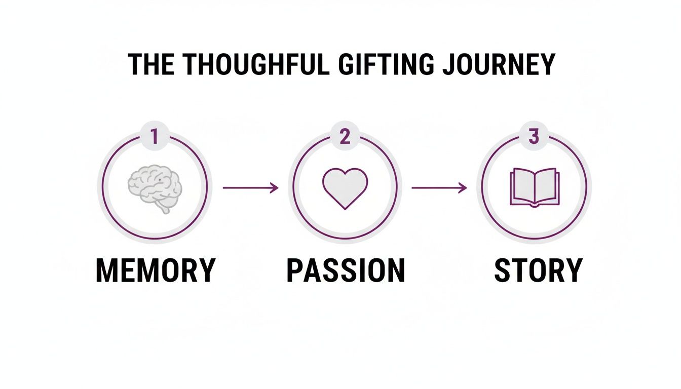 Flowchart illustrating the thoughtful gifting journey with steps: Memory (brain), Passion (heart), Story (book).