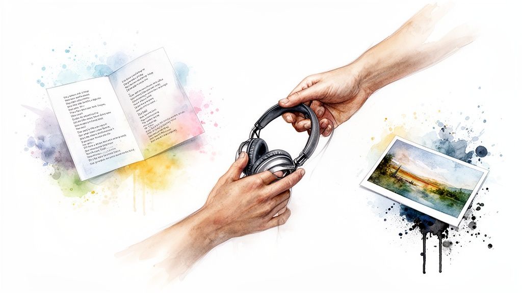 Two hands exchanging headphones, with an open book and landscape photo surrounded by watercolor splashes.