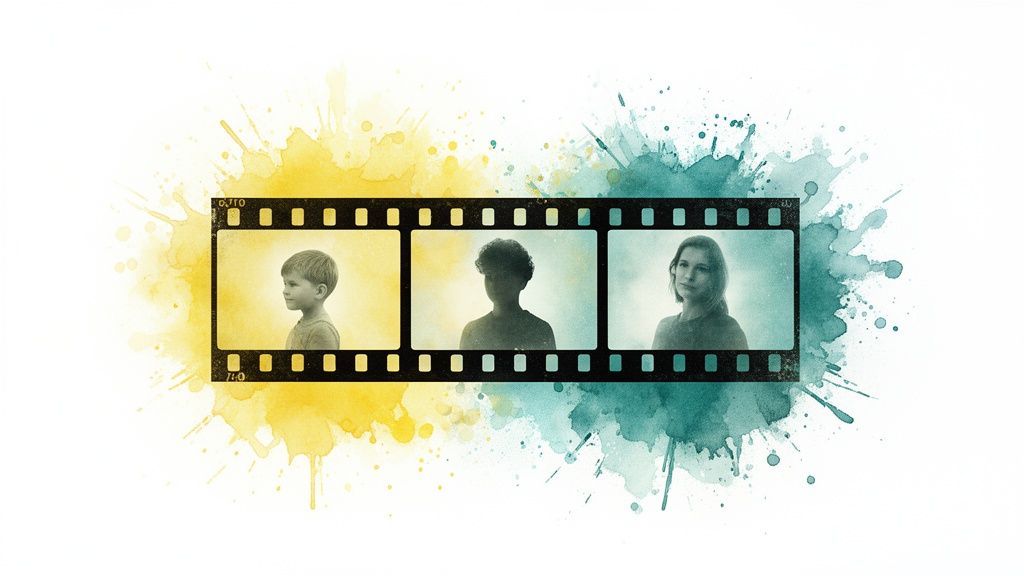 Three film strip frames show a boy, a silhouette, and a woman on vibrant yellow and teal watercolor.
