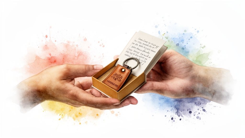 Two hands exchange a small gift box with a brown leather keychain and a handwritten note, surrounded by watercolor splashes.