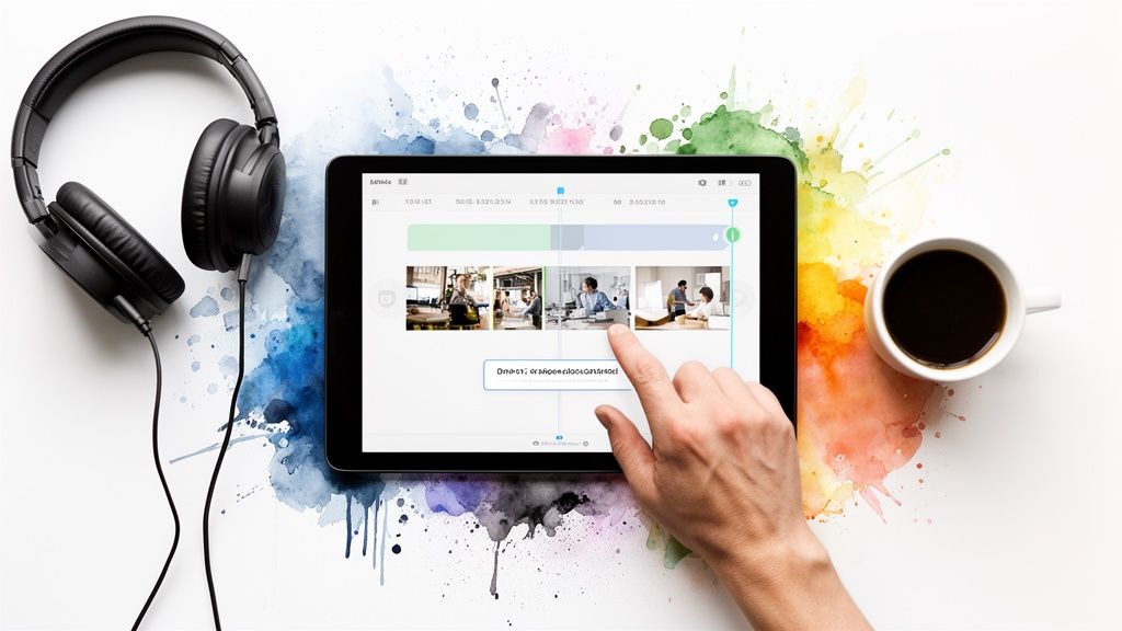 A hand uses a tablet showing video editing software with clips, headphones, and a coffee cup on a watercolor background.