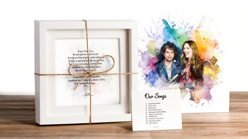 A framed lyric art print with twine, a watercolor portrait of two musicians, and a song list card