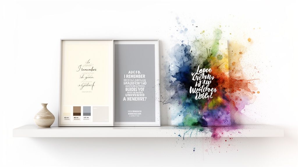 Two framed art prints and a vase on a white shelf, one with calligraphy, the other with watercolor splash