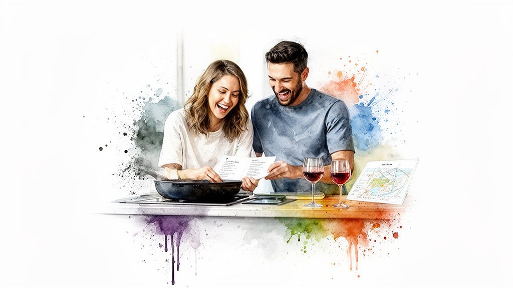 A joyful couple cooks together, following a recipe, with wine glasses and a map.