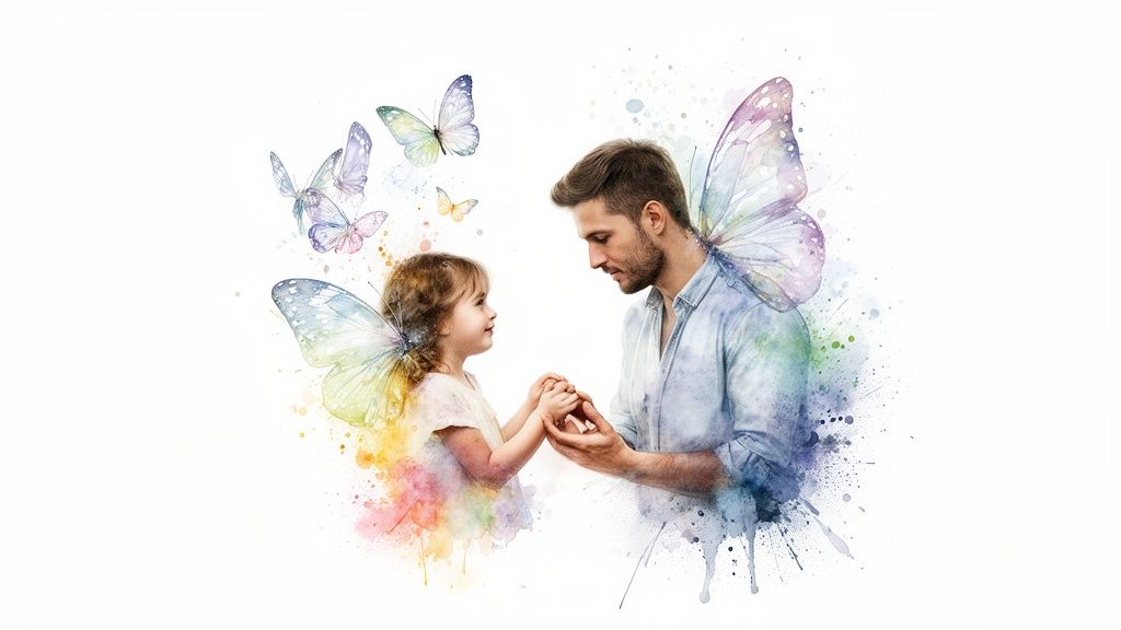 A whimsical watercolor painting of a father and daughter with butterfly wings holding hands.