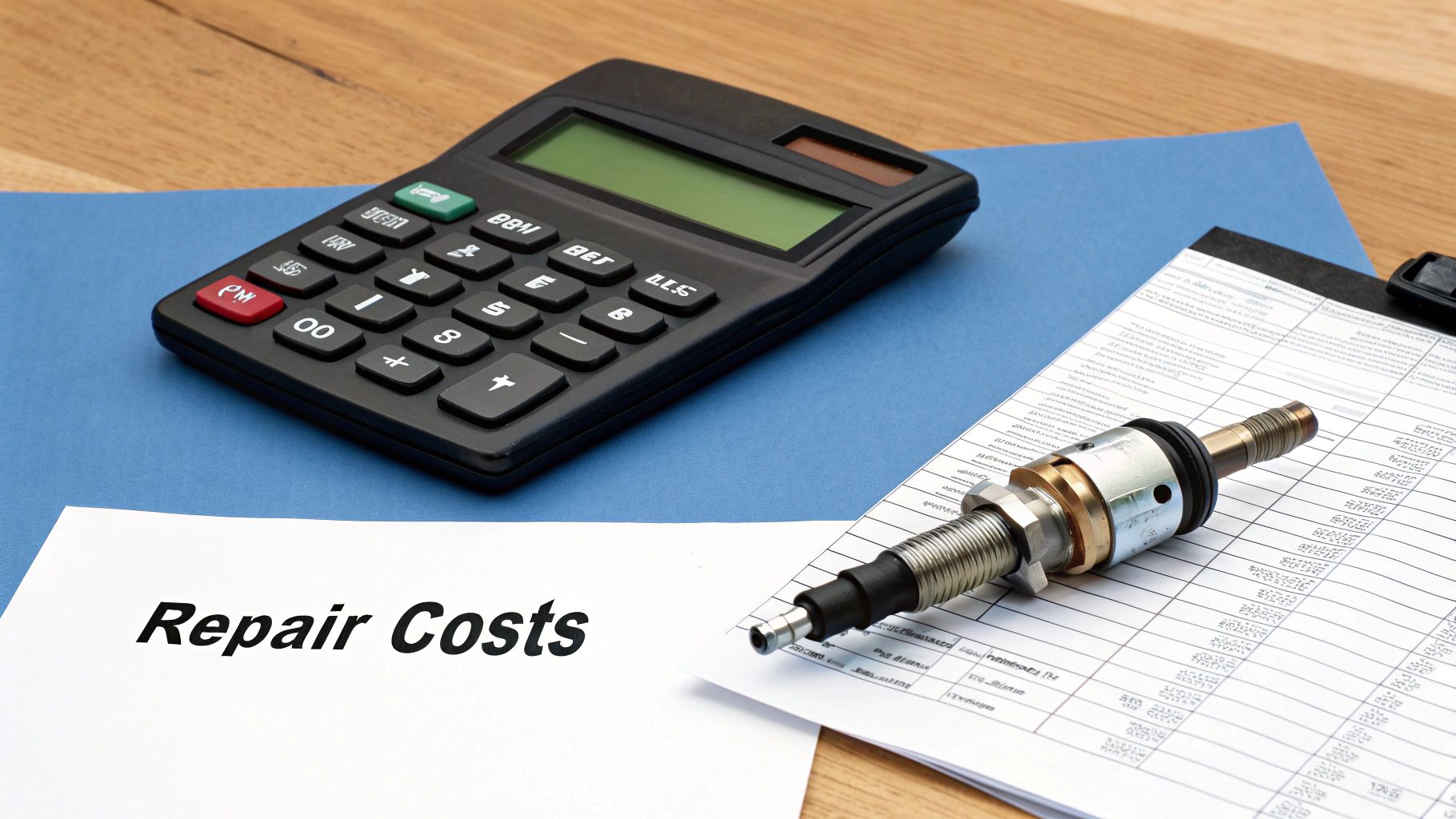 A calculator, 'Repair Costs' document, and a mechanical part on a blue folder, illustrating repair expenses.