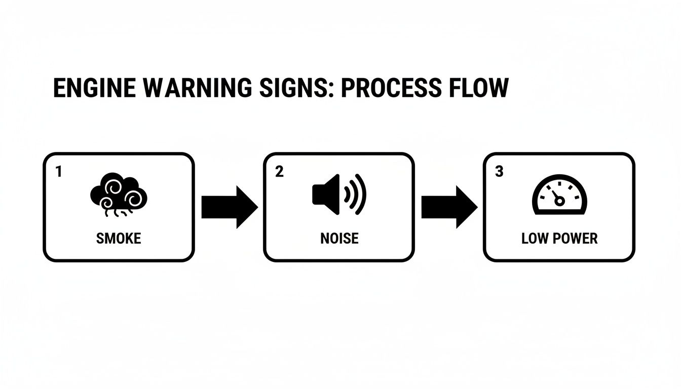 Process flow diagram showing engine warning signs: smoke, noise, and low power.