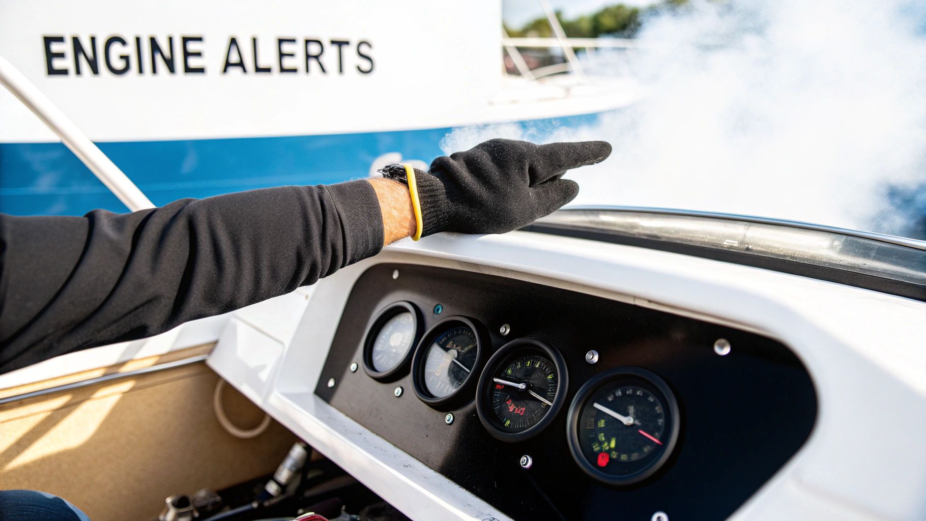 Gloved hand pointing towards a smoking boat engine with 'ENGINE ALERTS' visible.