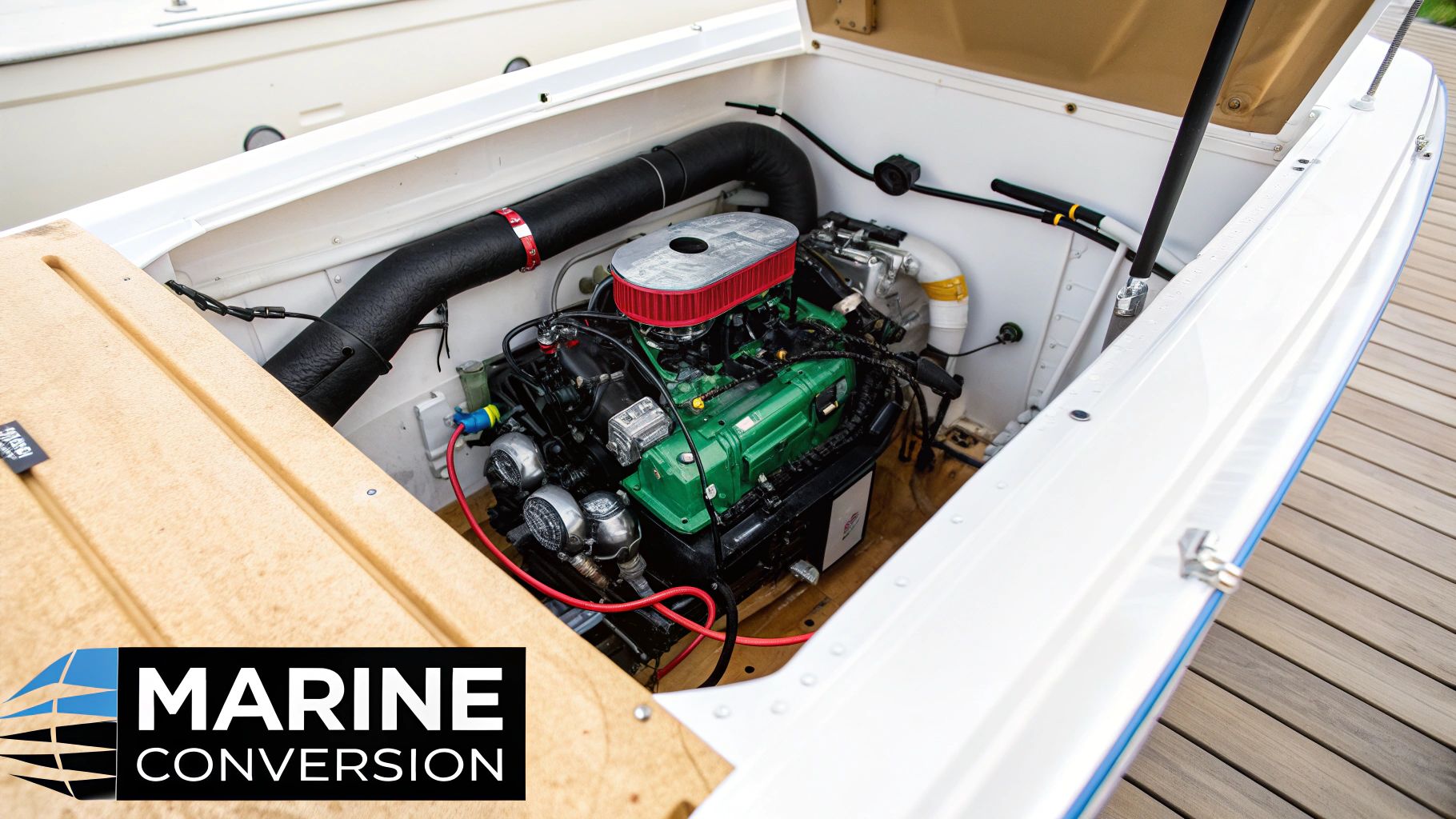 A modern green and black marine engine with a red air filter installed in a white boat.