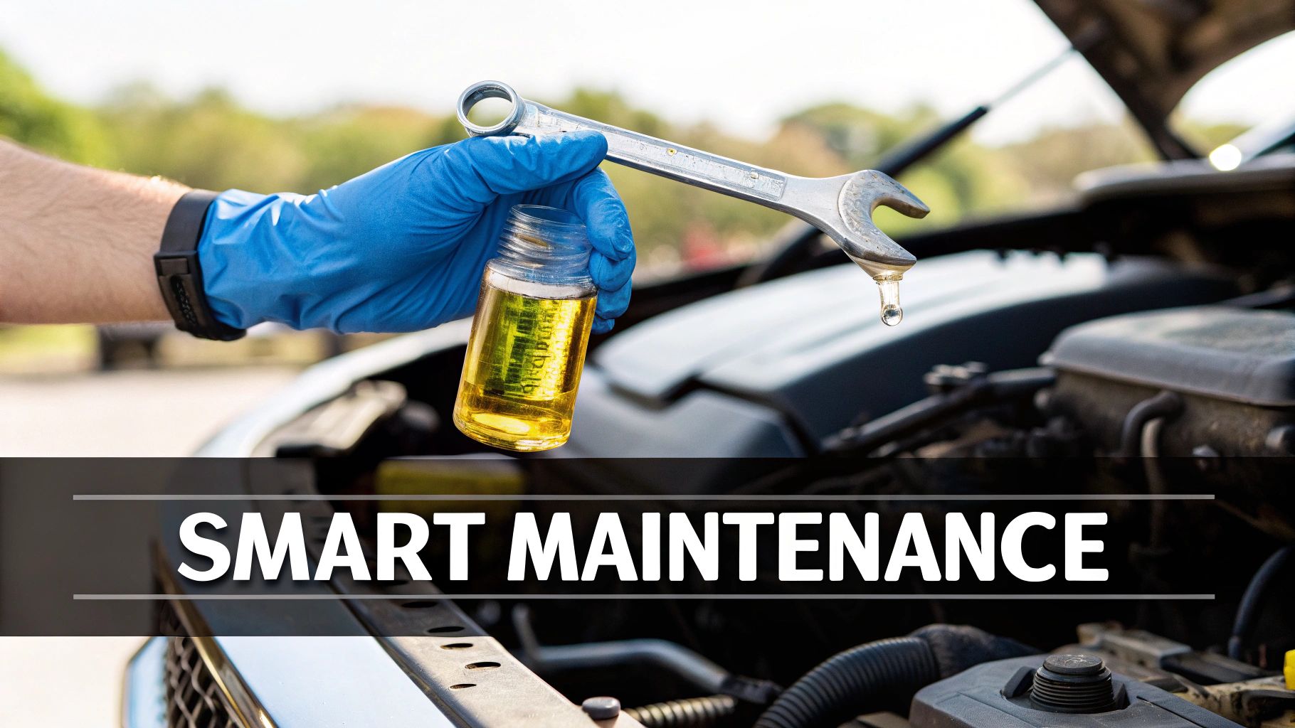 A gloved hand holds a wrench dripping liquid and a bottle of yellow fluid over a car engine, with 'SMART MAINTENANCE' text.