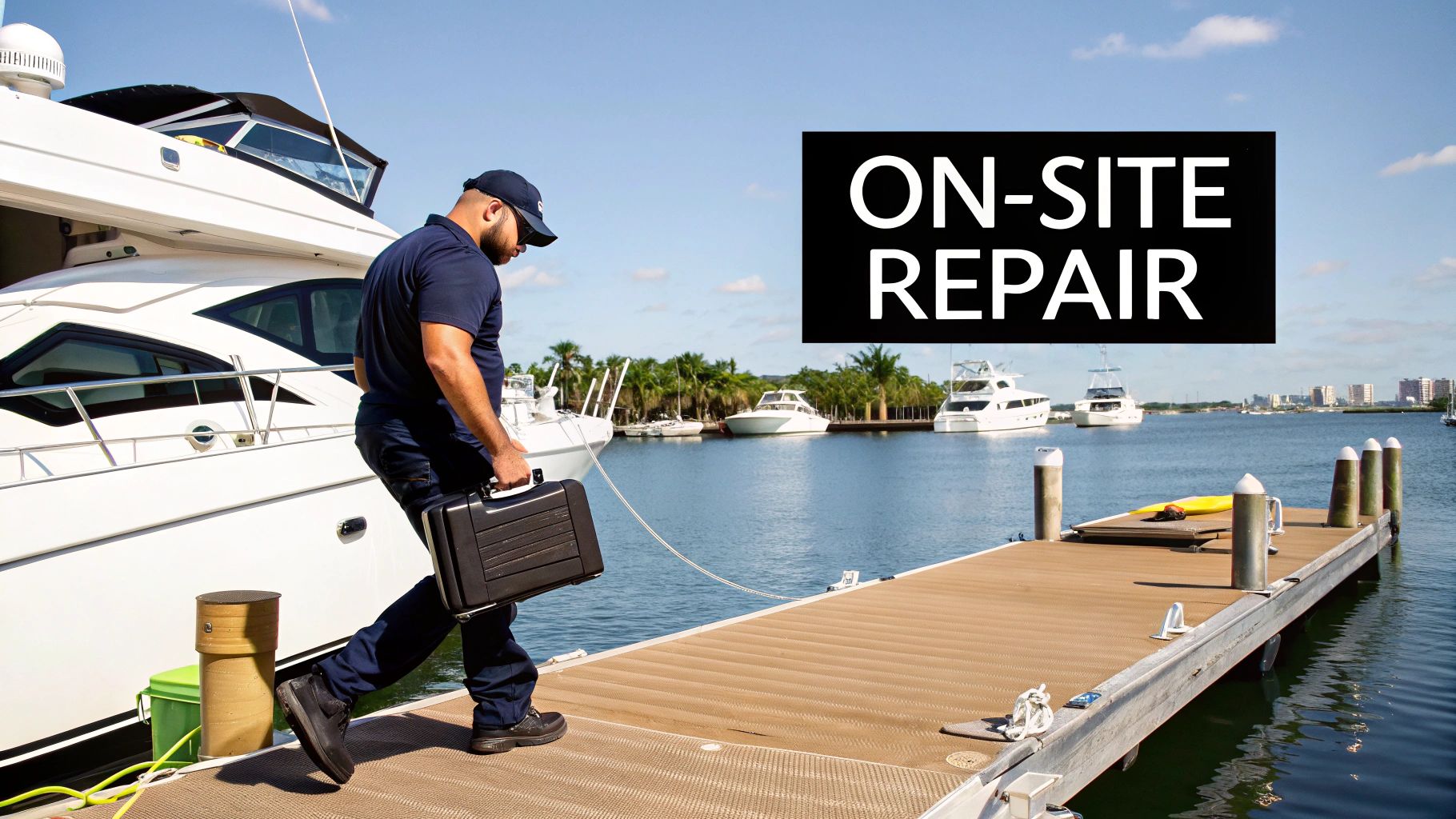 Marine technician walking on a dock with a toolbox towards a yacht for on-site repair.