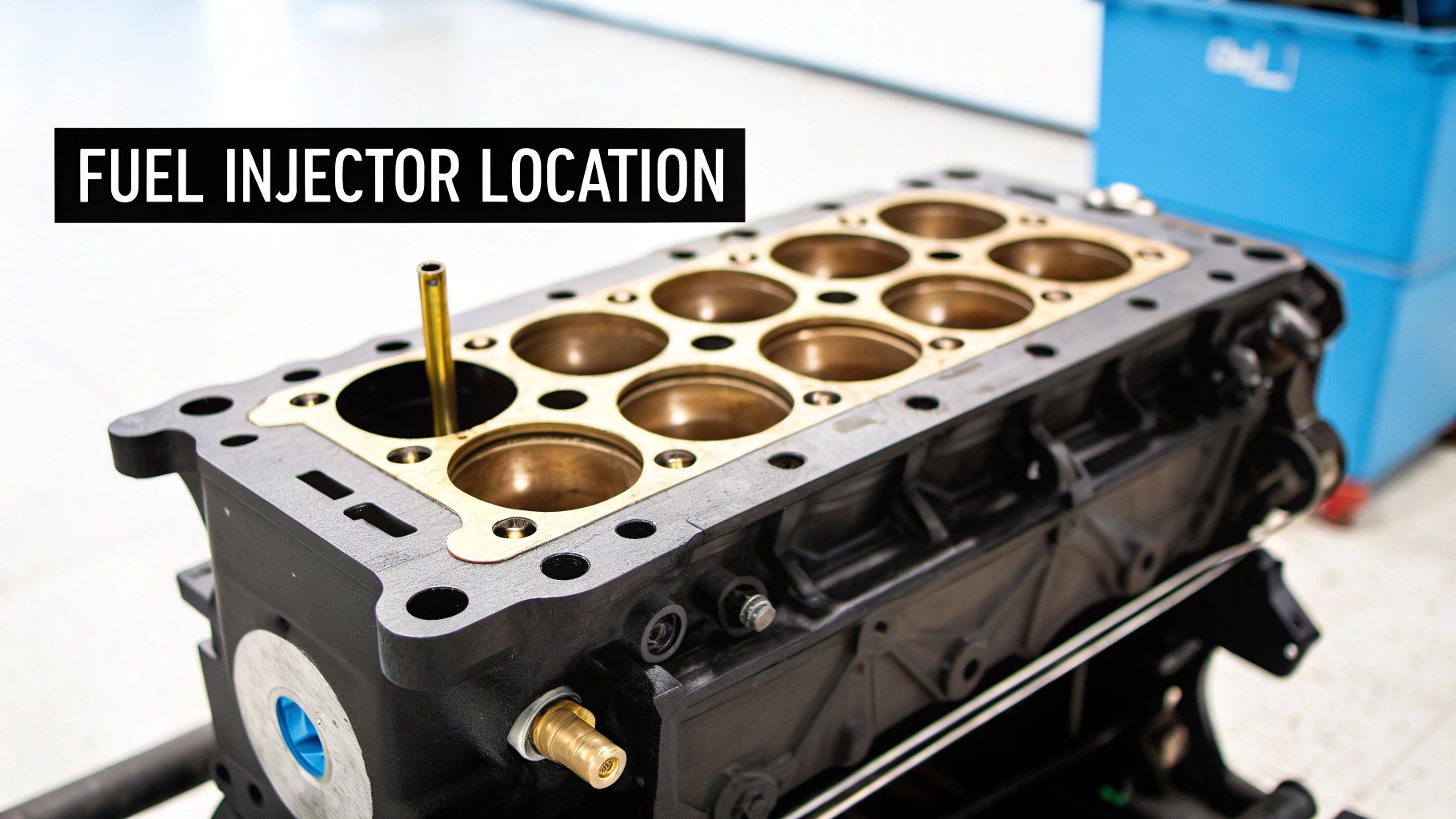 An open engine block displaying bronze cylinder liners and a tool, with 'FUEL INJECTOR LOCATION' text.