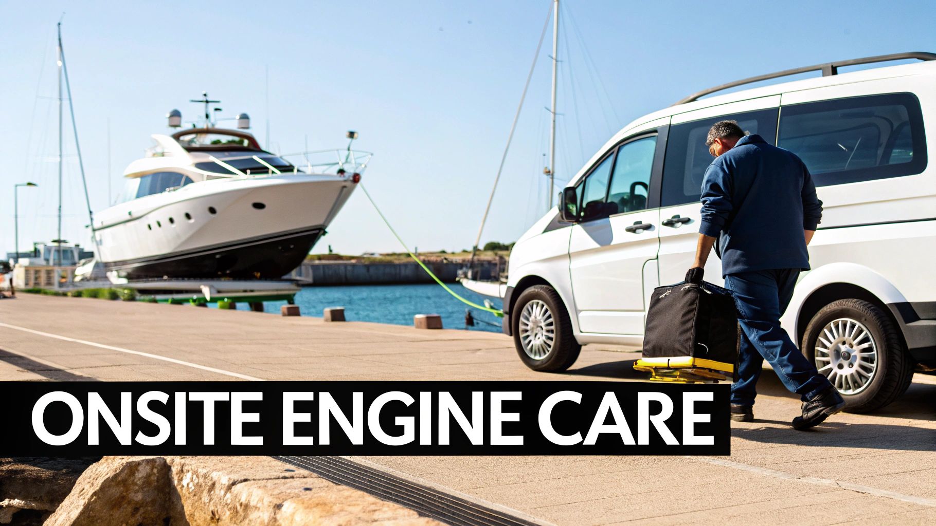 A marine technician carries a tool bag towards a white yacht at a sunny dry dock for engine care.