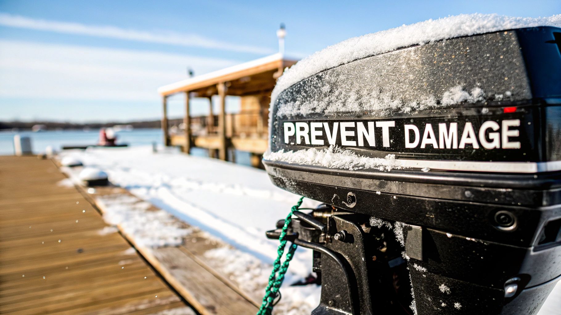 A black boat engine covered in snow on a wooden dock with 'PREVENT DAMAGE' text visible.