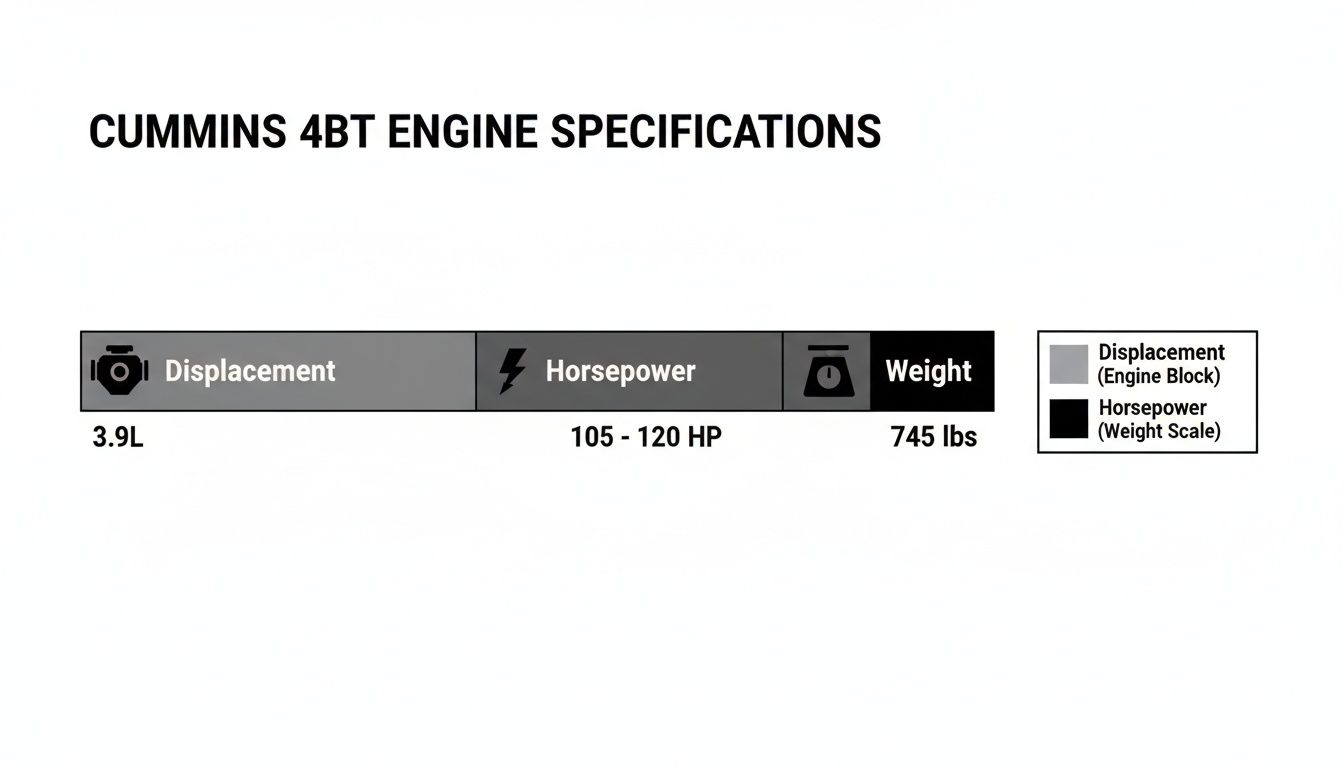 Cummins 4BT engine specifications showing displacement, horsepower range, and weight details.