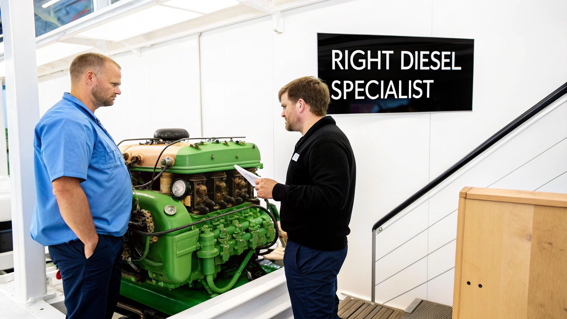 Two diesel engine specialists inspecting a large green and bronze engine, with a sign reading 'Right Diesel Specialist'.