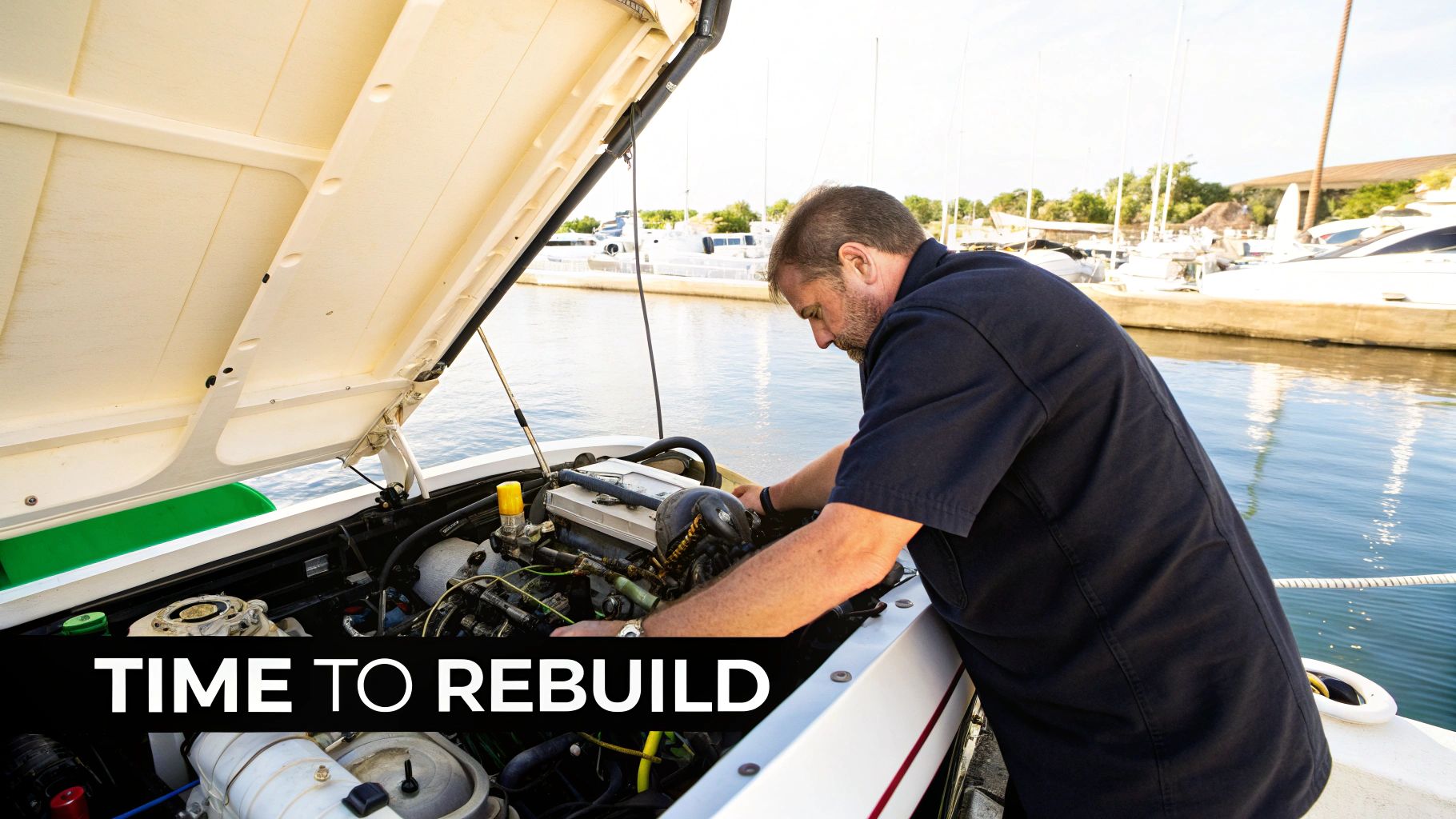 A man intently works on a boat engine at a sunny marina, with other boats docked in the background.