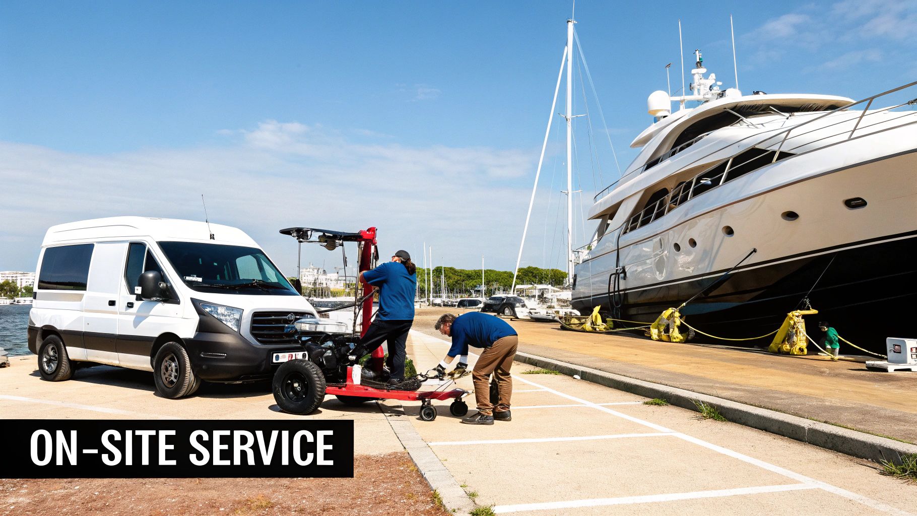 Two technicians perform on-site diesel engine service next to a white van at a sunny marina.