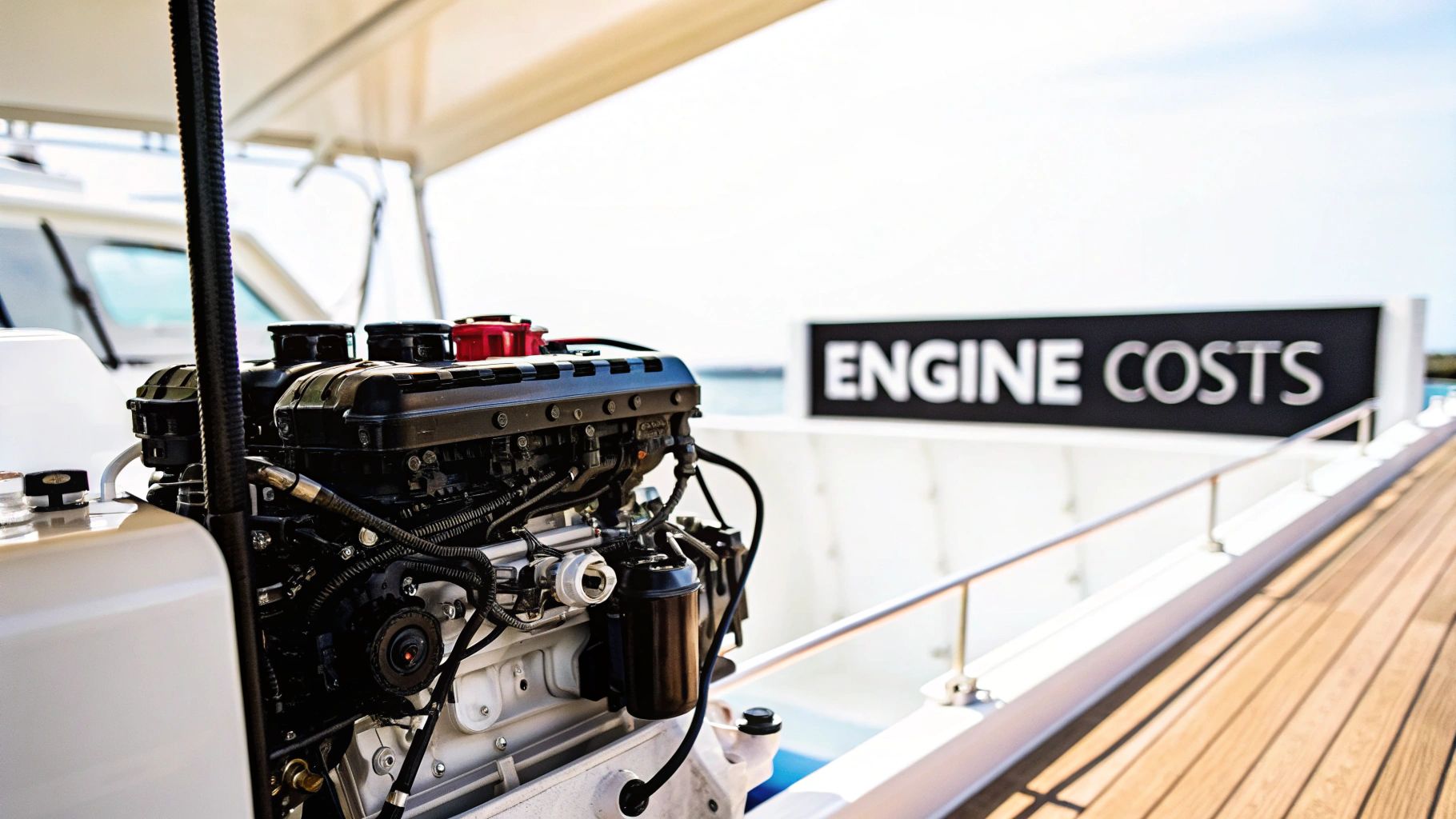 Close-up of a powerful boat engine on a yacht deck, with a background sign reading 'ENGINE COSTS'.