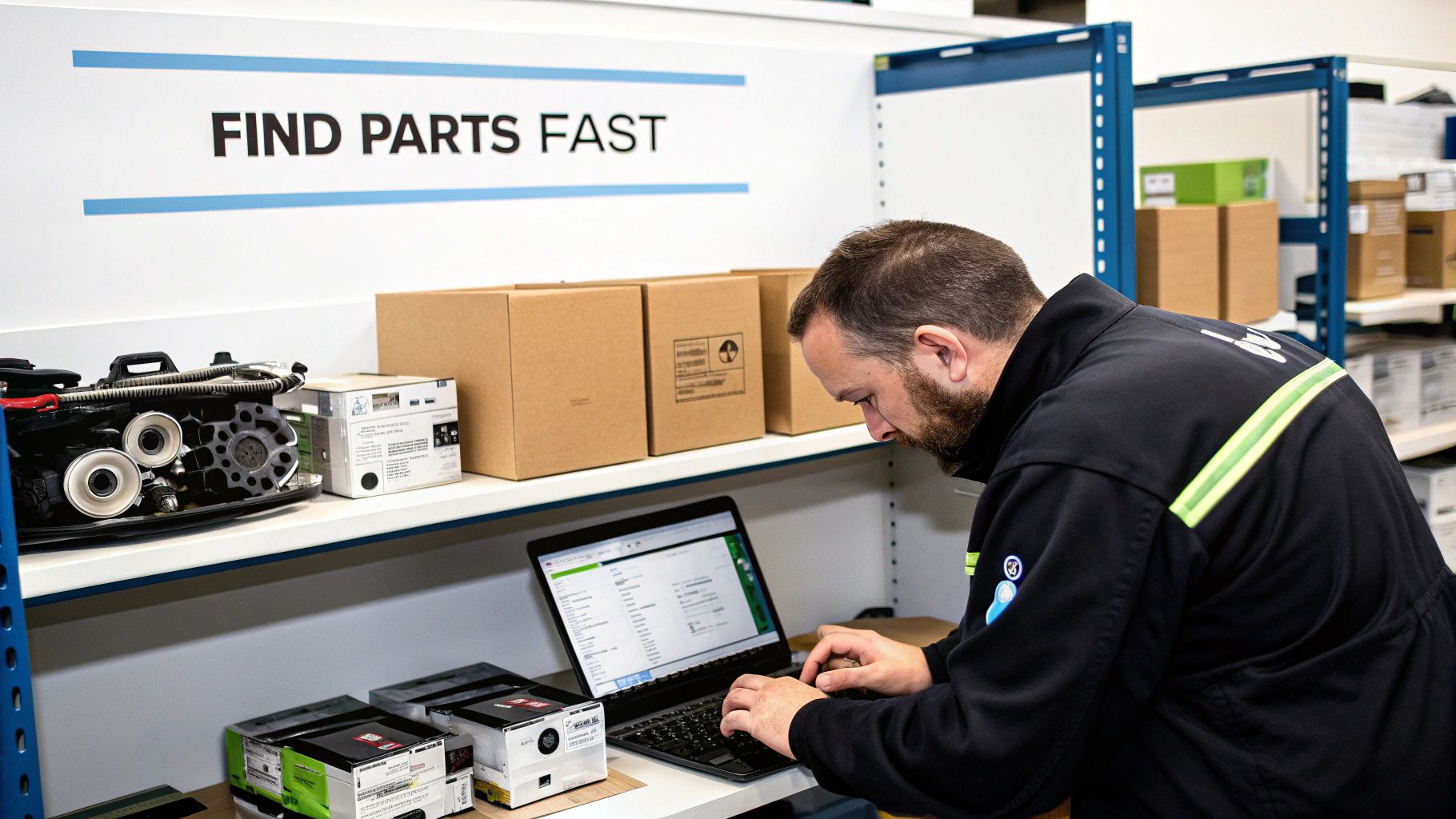 A worker uses a laptop to find parts quickly on a shelf with various automotive components and boxes.