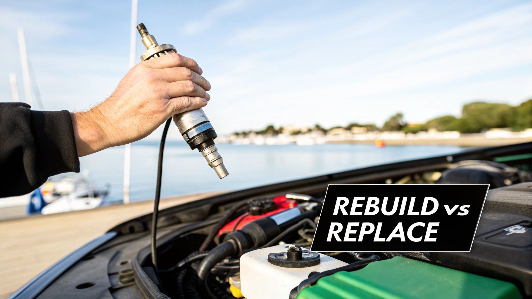 A hand holds a diesel fuel injector tool over a car engine, with 'REBUILD vs REPLACE' text and boats in the background.