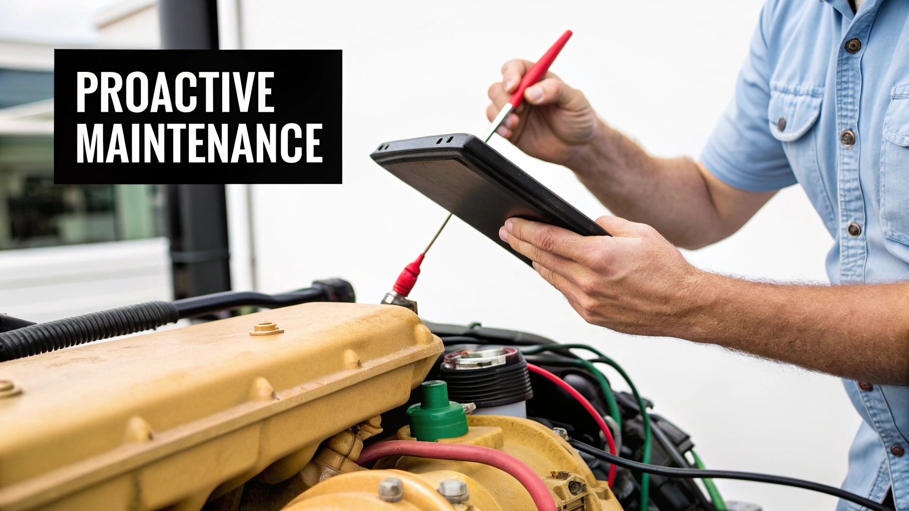 A technician inspects a large marine generator engine with a tablet, performing proactive maintenance.