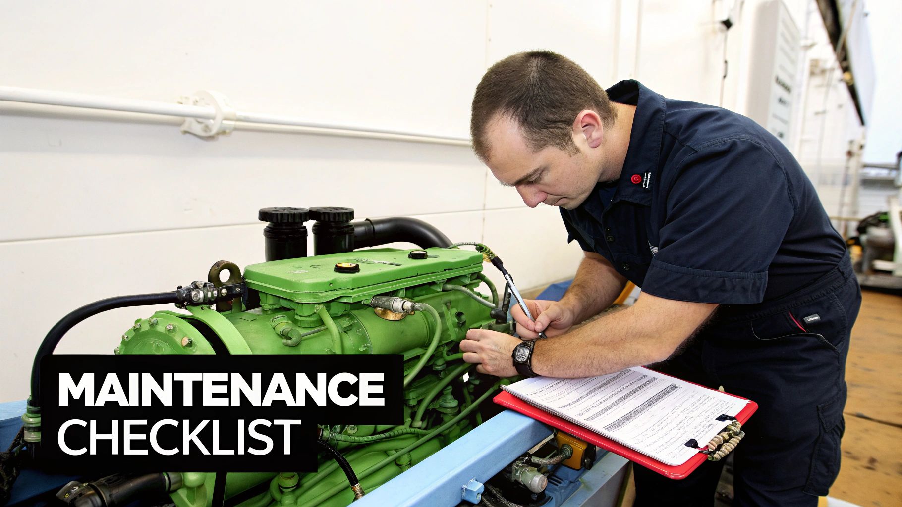 A man in a uniform inspects a green engine and fills out a maintenance checklist.